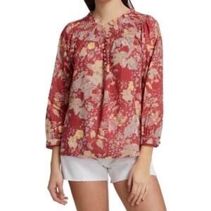 Paige Jaylee Smocked Floral Top with Covered Buttons In Red Multi S EUC